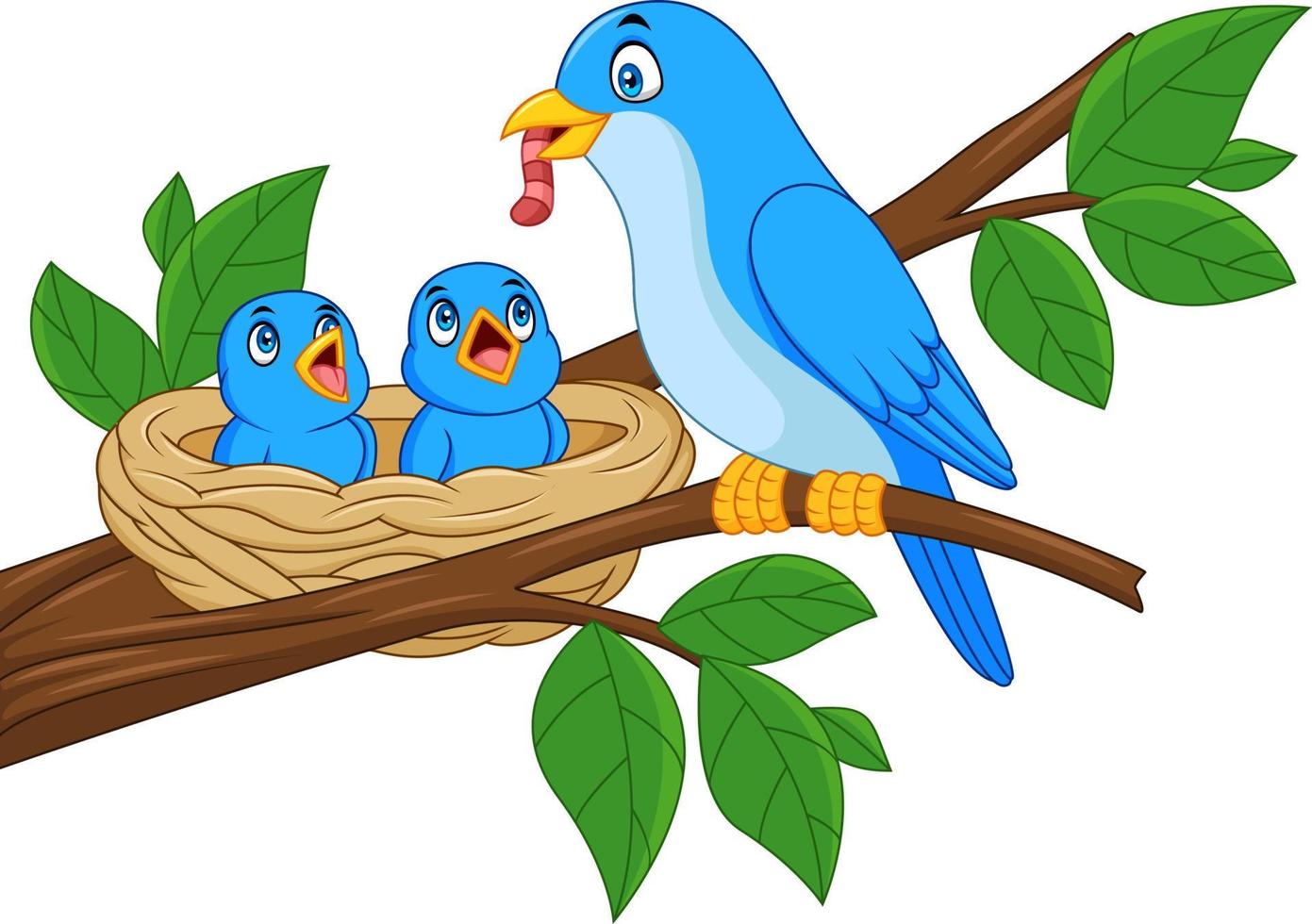 Mother blue bird feeding babies in a nest vector