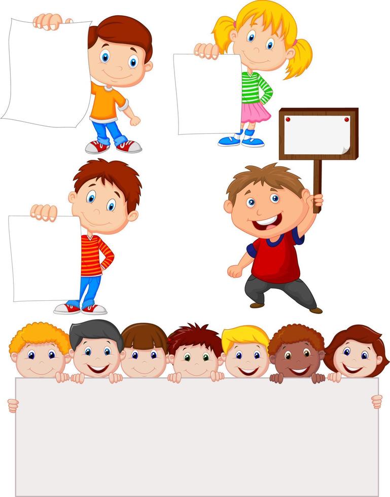 niños de dibujos animados con cartel en blanco vector