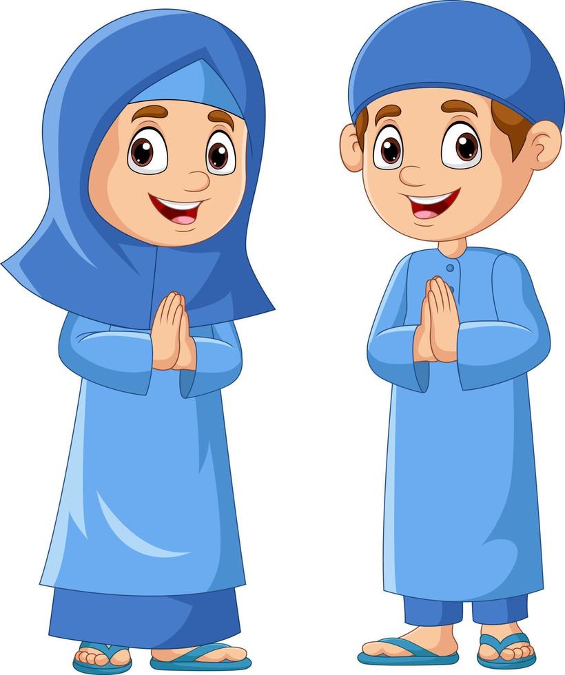 Happy Muslim girl and boy cartoon vector