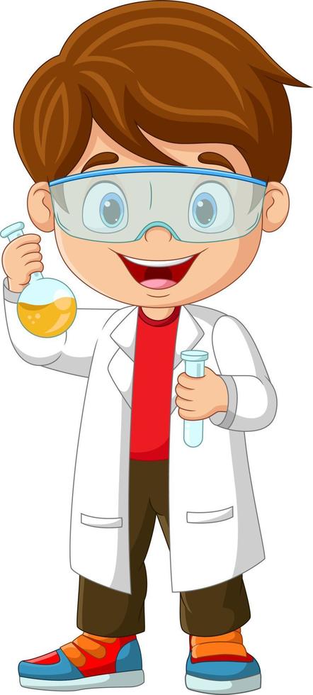 niño científico de dibujos animados sosteniendo un matraz y un tubo de ensayo vector