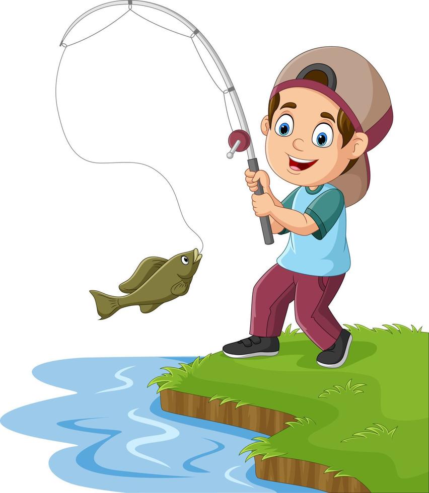 niño pequeño de dibujos animados pescando en el lago vector