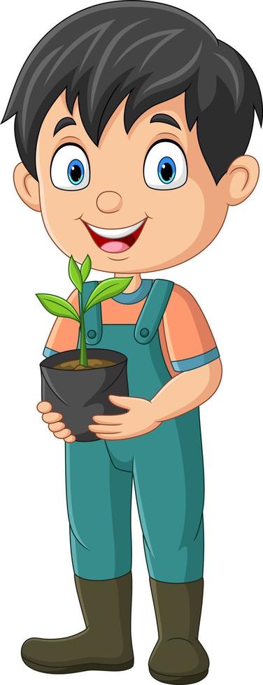 Cute little gardener holding plants in pot vector