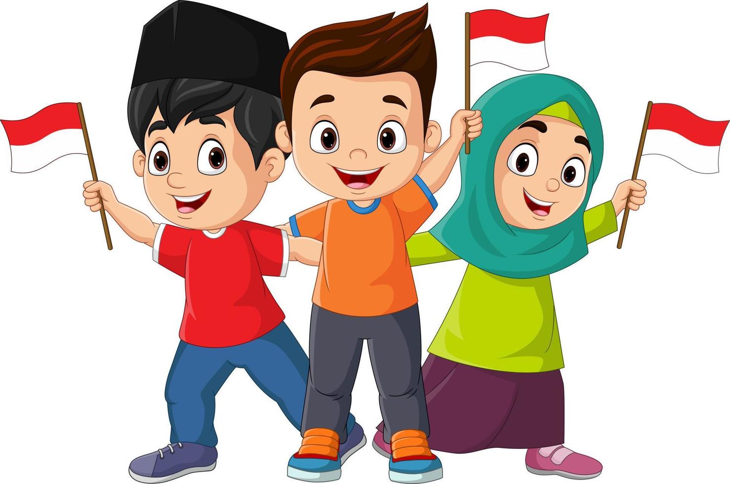 grupo de niños sosteniendo una bandera indonesia vector