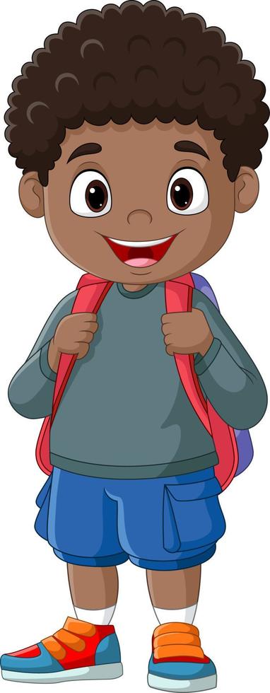 niño africano de dibujos animados lindo con mochila escolar vector