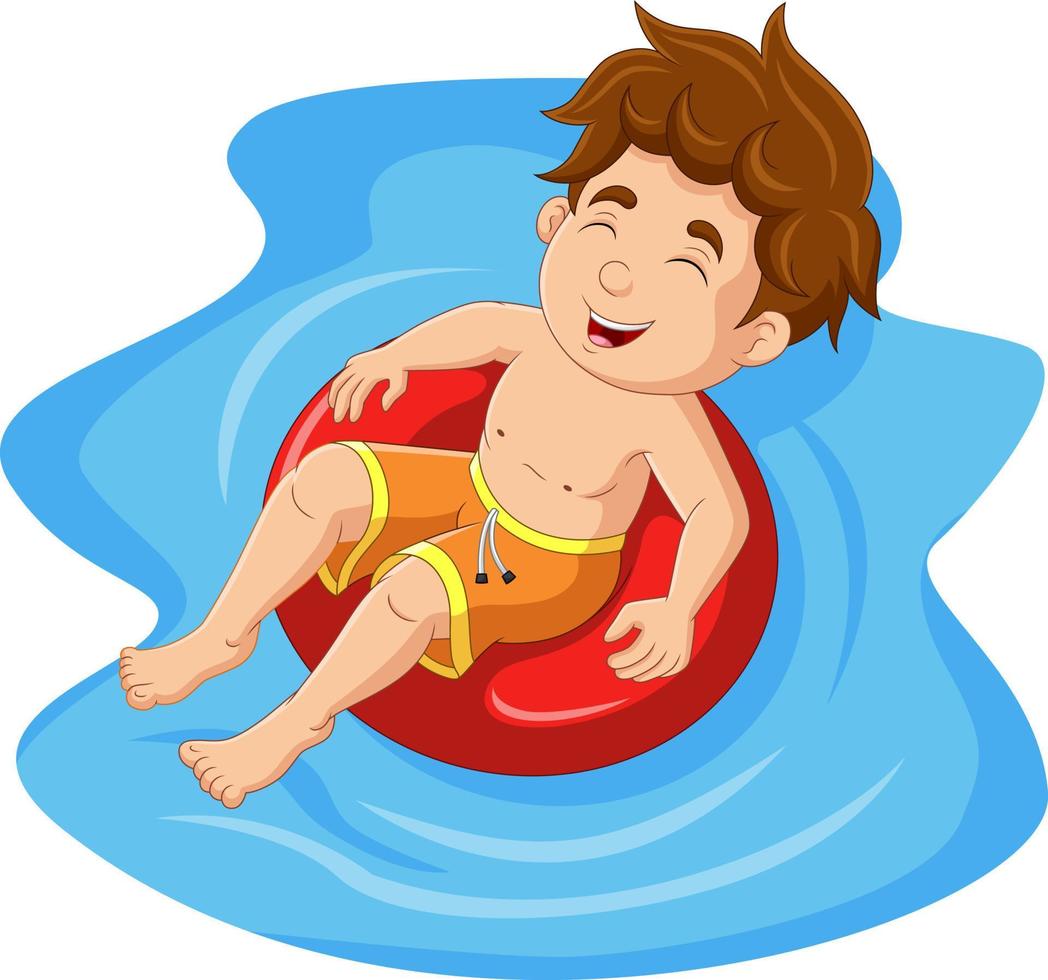 Cartoon little boy floating with inflatable ring vector