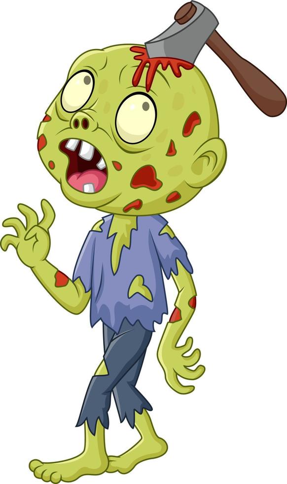 Cartoon zombie with axe in his head vector