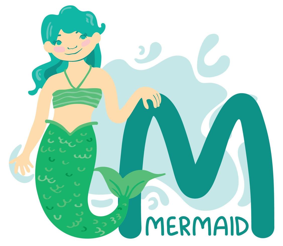Alphabet with characters. M letter is a mermaid . Hand drawn vector illustration. Suitable for website, stickers, greeting cards, children's products.