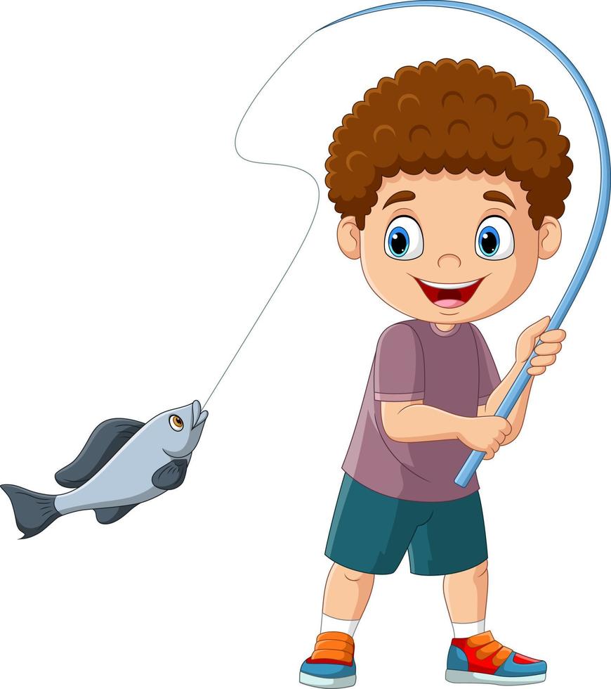 pesca de niño feliz de dibujos animados vector