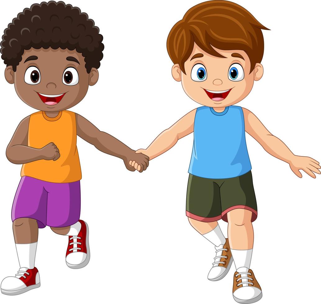 Cute little boys holding hands and running together vector