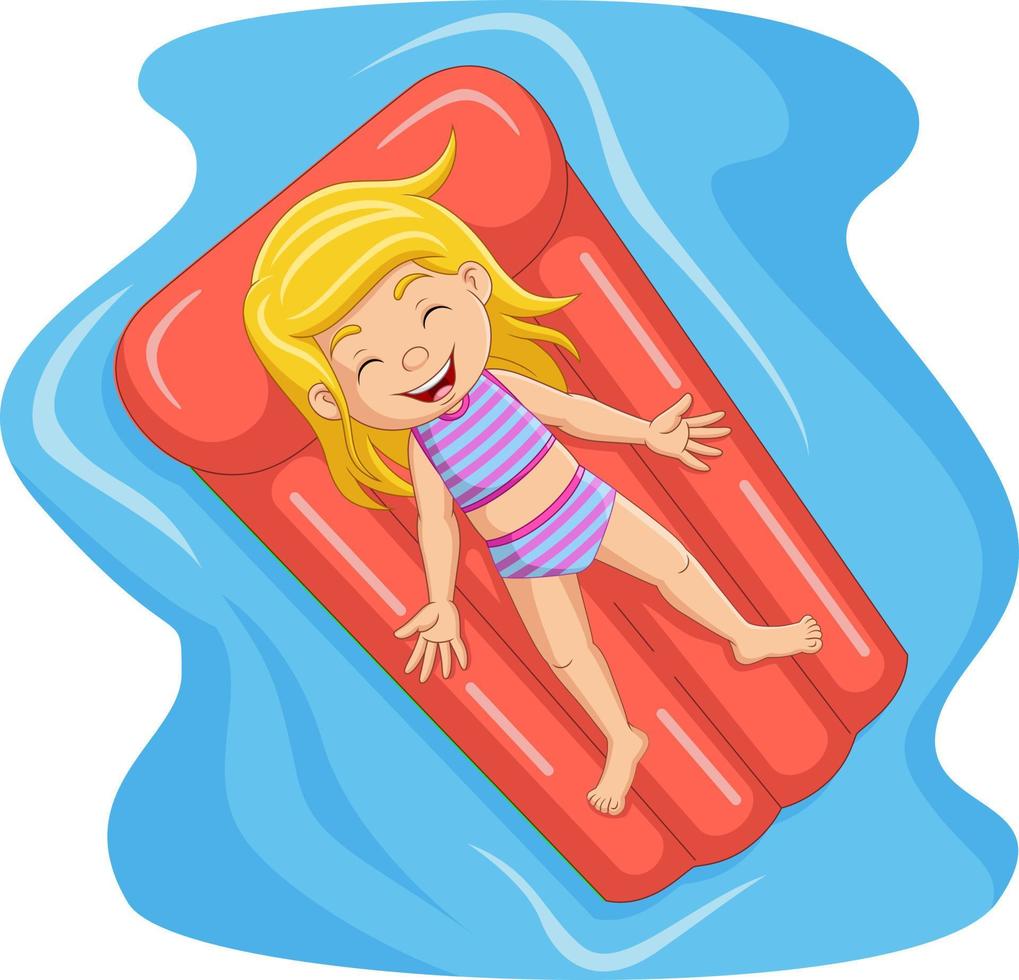 Cartoon little girl floats on inflatable mattress vector