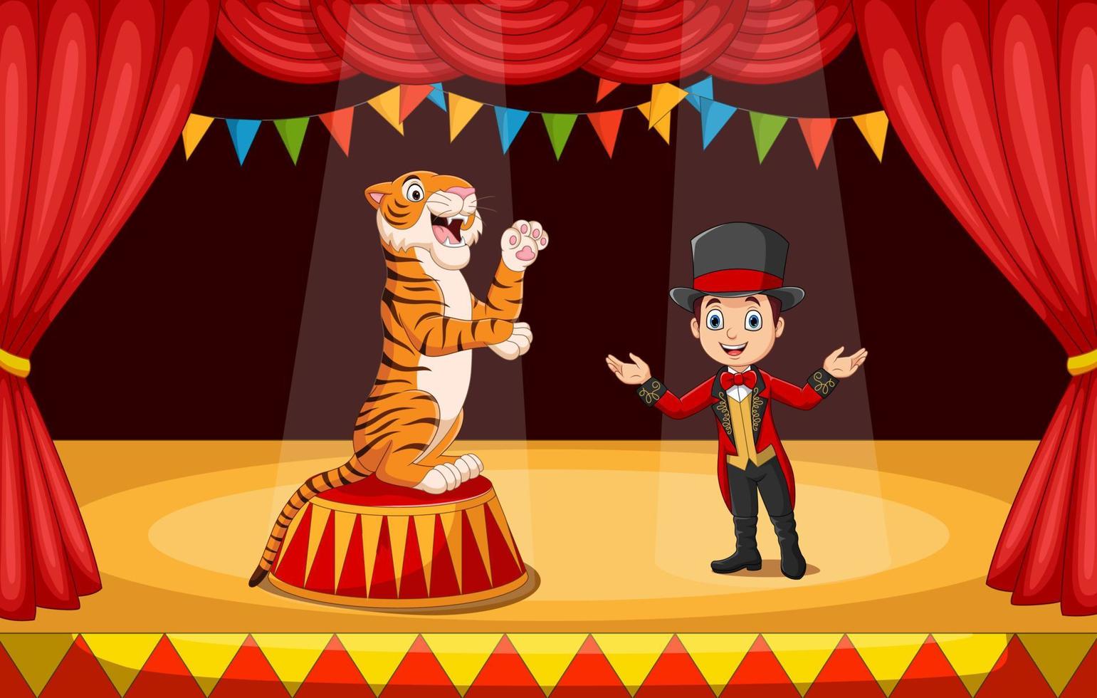 domador de circo de dibujos animados con tigre en el escenario vector
