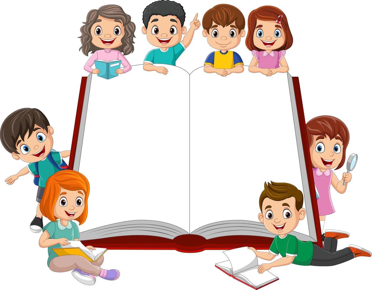 grupo de niños con gran libro vector