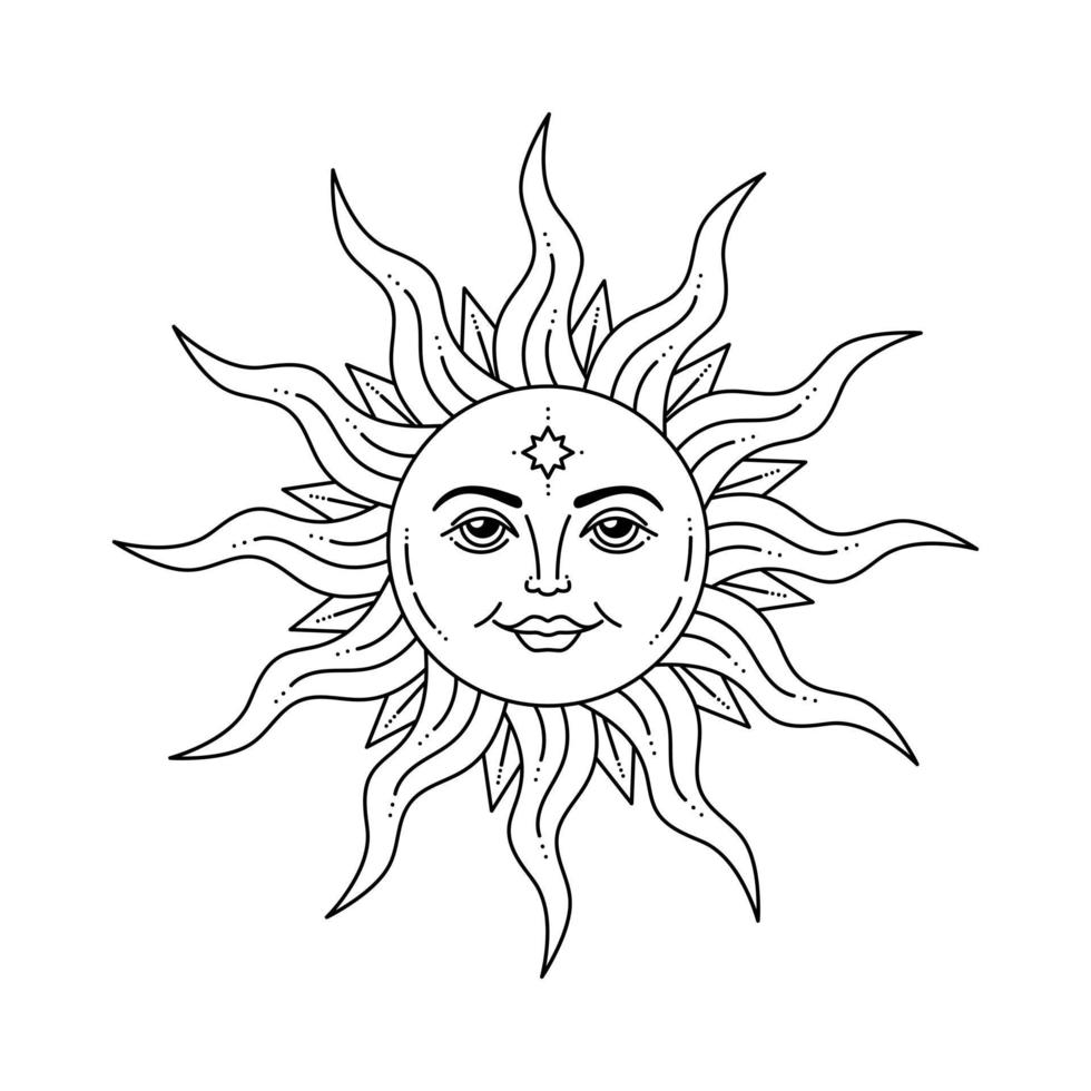 Celestial sun with face and opened eyes, stylized drawing, tarot card. vector