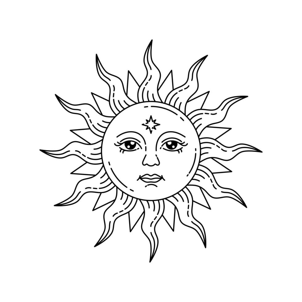 Celestial sun with face and opened eyes, stylized drawing, tarot card. vector