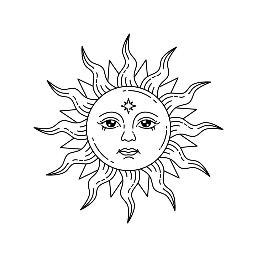 sol celestial con cara y ojos abiertos, dibujo estilizado, carta de tarot. vector