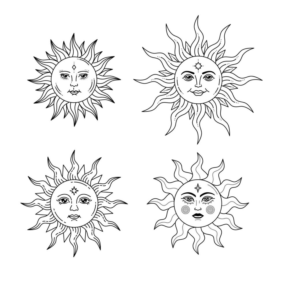 Set of celestial suns with face and opened eyes, stylized drawing, tarot card. vector