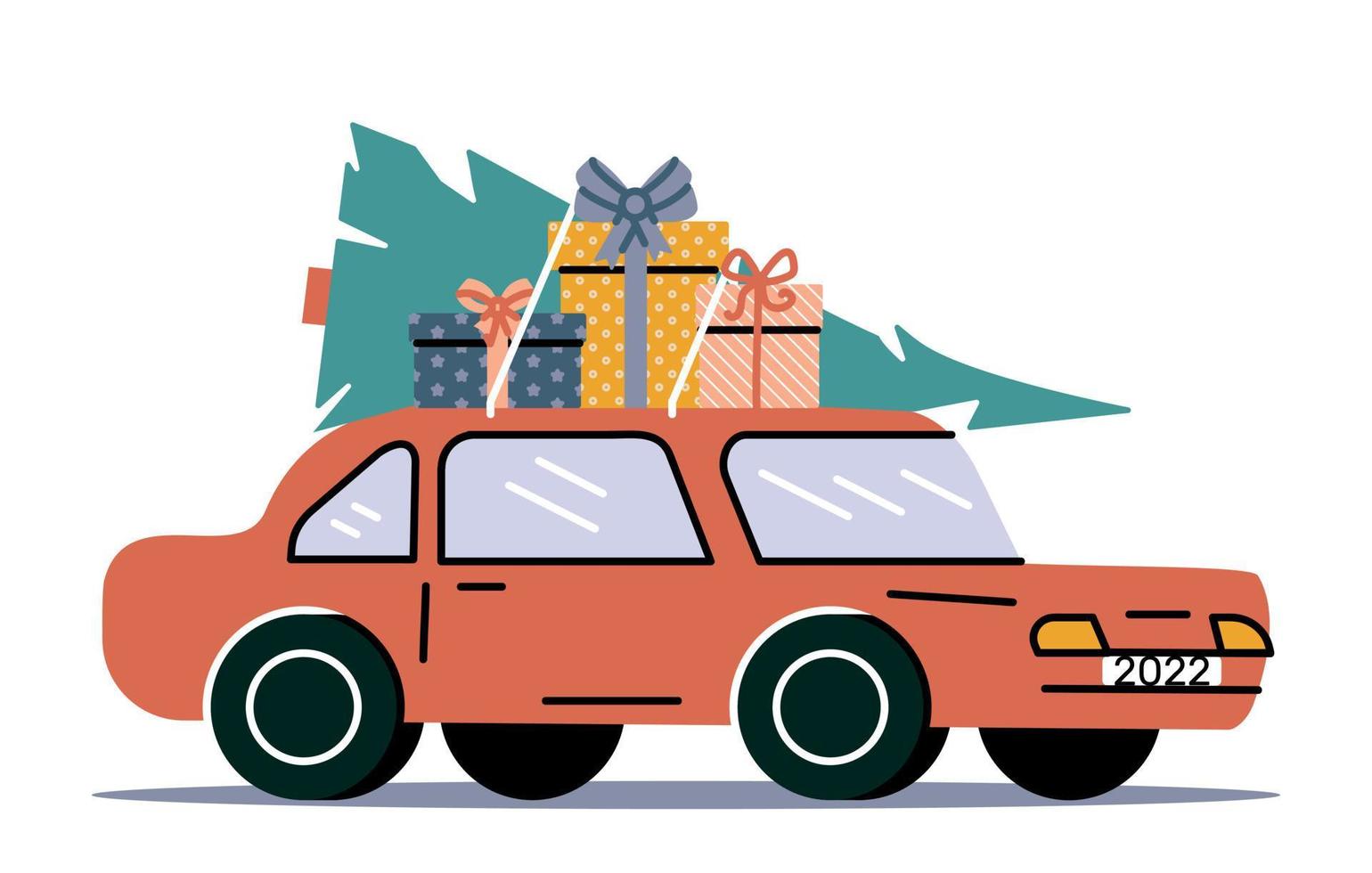 Retro car with Christmas tree and baggage, holiday gifts. vector