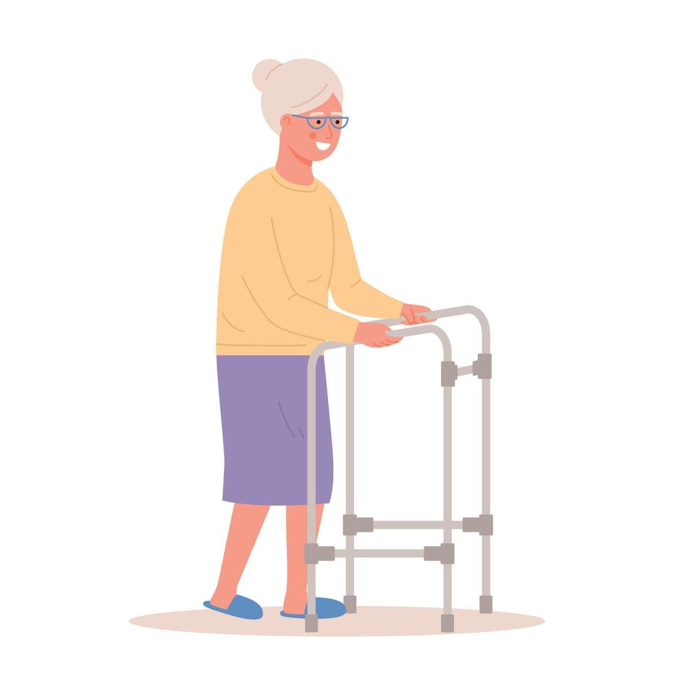 mujer anciana. personaje de anciana con andador de paletas sobre fondo blanco. vector