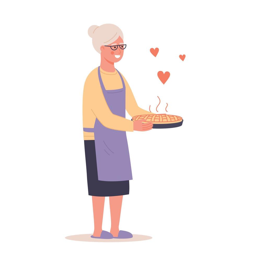 Granny in glasses holding a berry pie vector