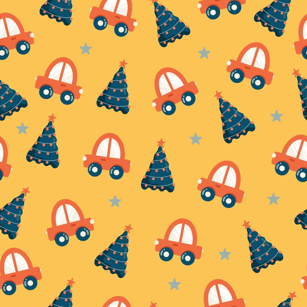 Seamless Christmas pattern with cars, Christmas trees and stars vector