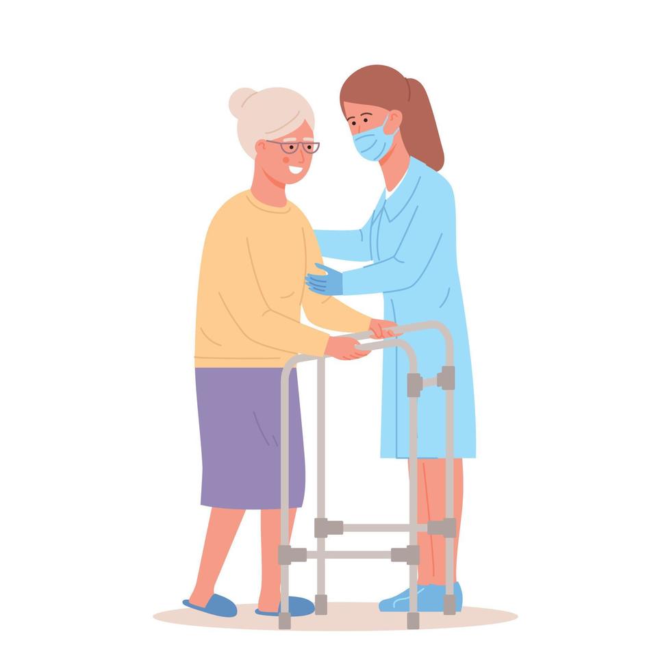 Nurse helps elderly patient with a walker. People in orthopedic therapy rehabilitation. Therapist working with disabled person vector