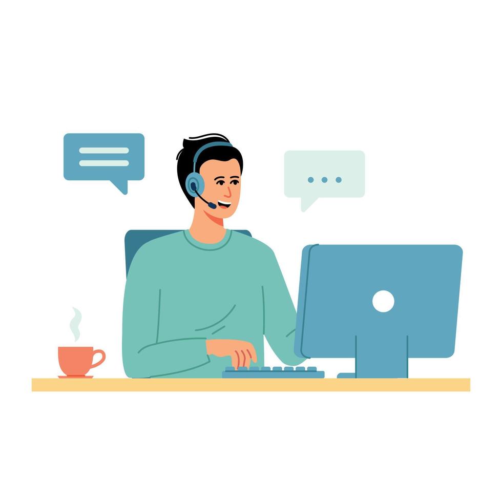 Customer service. Man with headphones and microphone with computer. vector