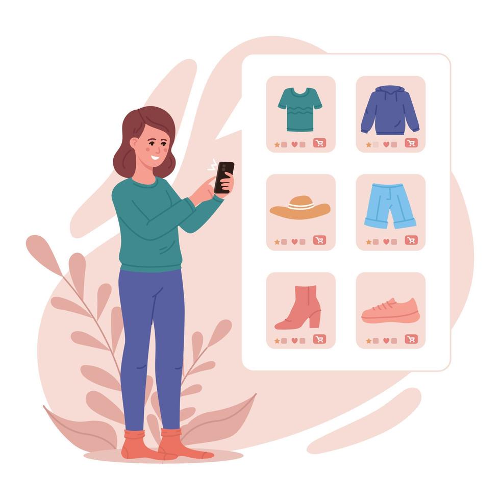 Mobile shopping consept. A woman buy things in the online store. vector