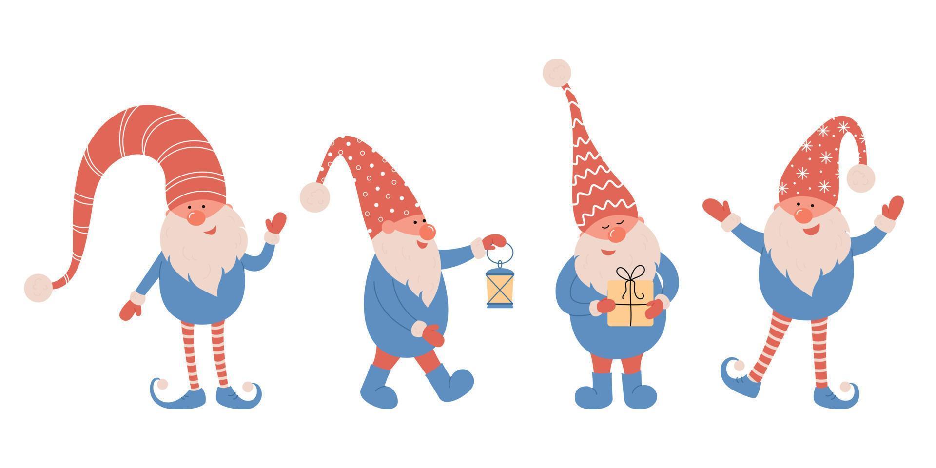 lindos gnomos con sombreros rojos de santa sobre fondo blanco. duendes navideños escandinavos. ilustración vectorial en estilo de dibujos animados planos. diseño de elementos nórdicos para tarjetas de felicitación, saludos de temporada, web, envoltura. vector