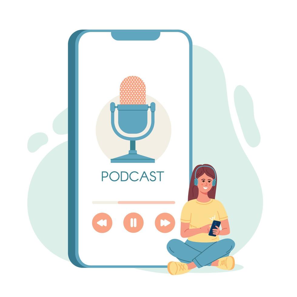 Woman listening to podcast. Internet online radio streaming, music applications vector