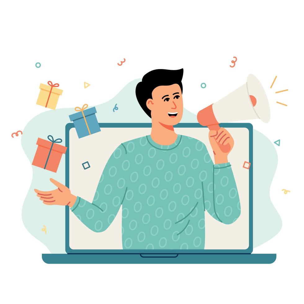 Cheerful man out laptop holding a megaphone and a gifts next to a his hand. vector