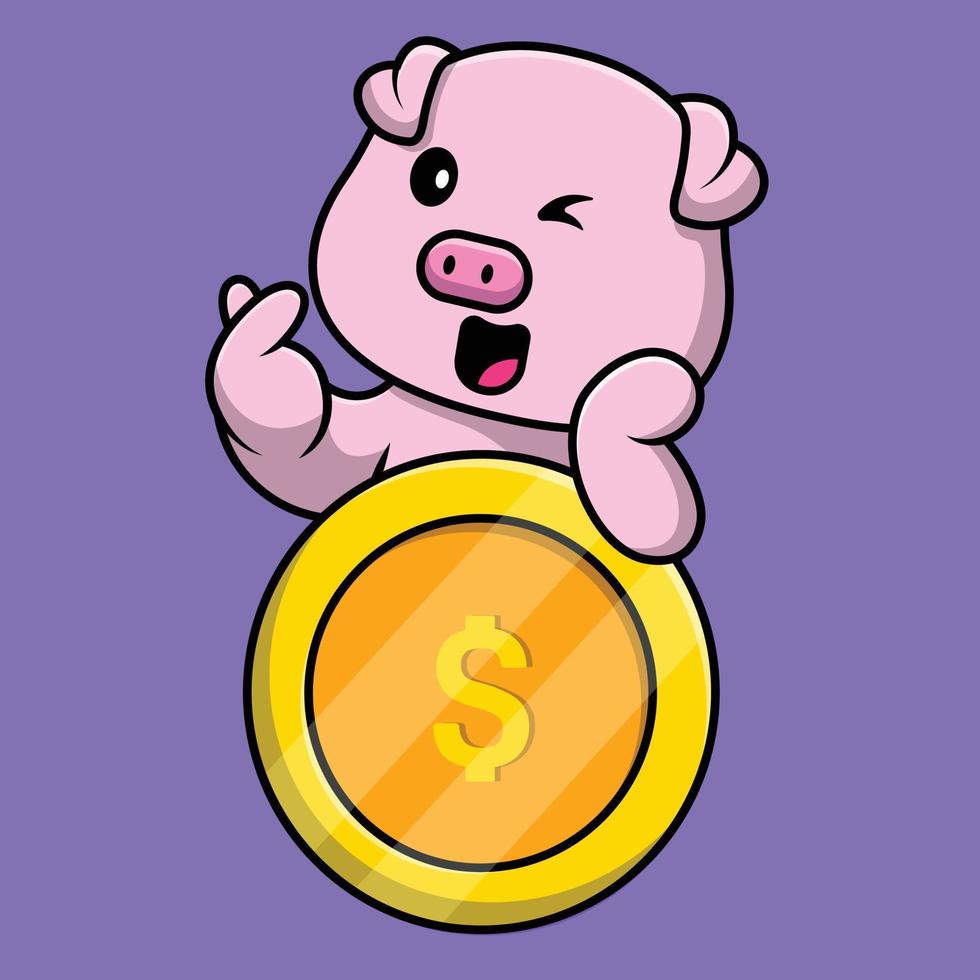 Cute Pig With Gold Coin Cartoon Vector Icon Illustration. Animal Business Icon Concept Isolated Premium Vector