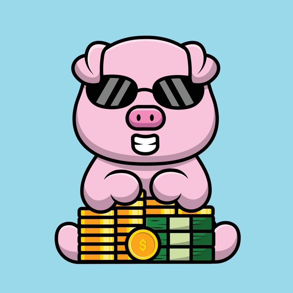 Cute Pig Wearing Glasses Sitting With Money And Gold Cartoon Vector Icon Illustration. Animal Business Icon Concept Isolated Premium Vector