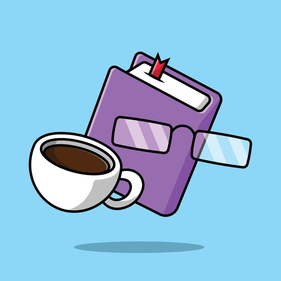 libro con anteojos e ilustración de icono de vector de dibujos animados de taza de café. concepto de icono de educación vector premium aislado