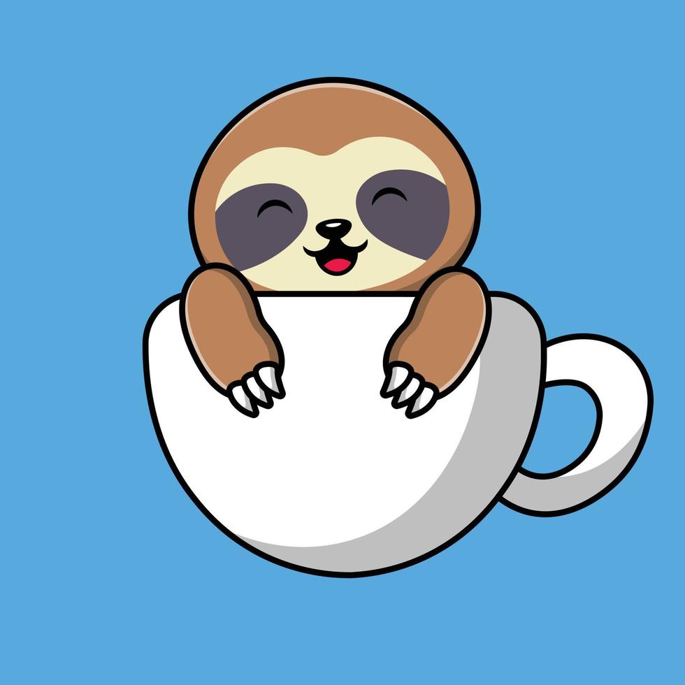 Cute Sloth On Coffee Cup Cartoon Vector Icon Illustration. Animal Drink Icon Concept Isolated Premium Vector