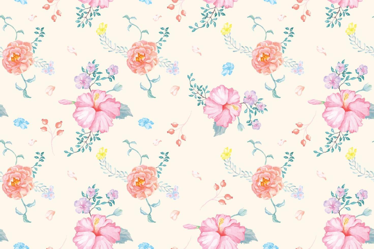 Rose seamless pattern with watercolor.Designed for fabric and wallpaper, vintage style.Hand drawn floral pattern illustration.Blooming flower painting for summer.Botany background. vector
