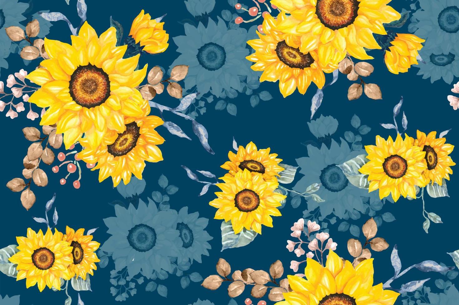 Seamless pattern of sunflower bouquets on green background.Watercolor  Illustration hand drawing.The design of the pattern of fabric destruction with natural patterns. vector