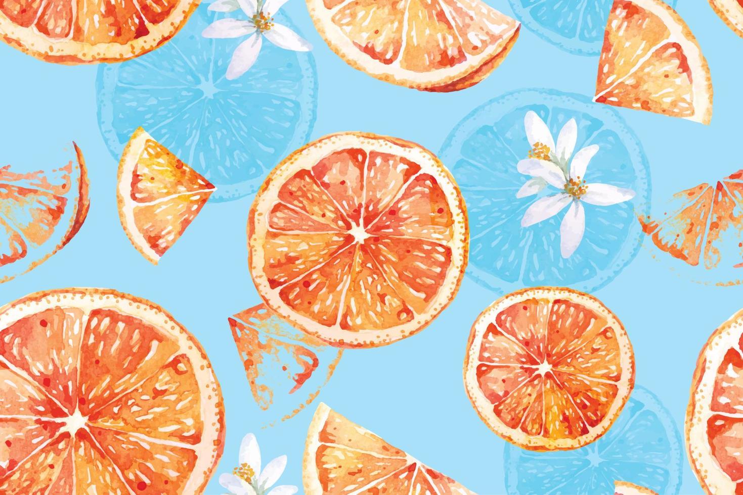 Seamless pattern of tangerines with watercolor for fabric luxurious and wallpaper, vintage style.And flowers, stalks and leaves.Slice of orange.Citrus fruit. vector