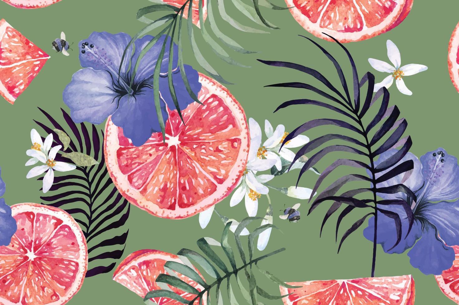 Seamless pattern of orange and hibiscus with watercolor for  fabric and wallpaper.Fruit background vector