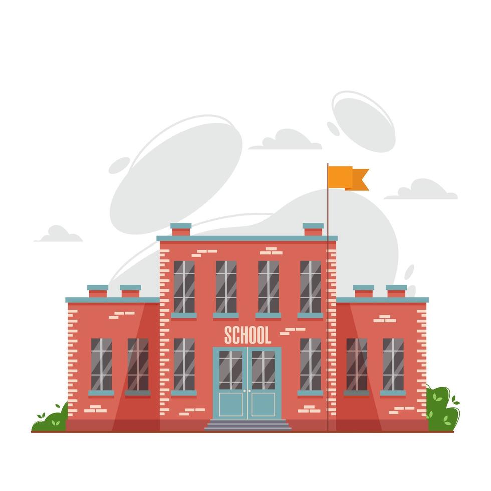 Vector school building icon or logo design. Flat illustration of red brick school building with flag pole and waving orange flag, inscription school on the facade. Front side and main entrance.