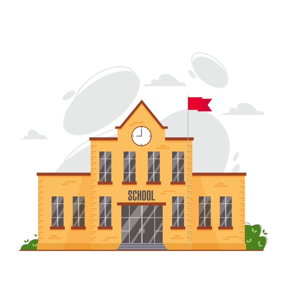 Classic school building front side or facade design. Vector illustration in flat style of school institution with a clock on the front of the yellow brick building with flag pole and waving red flag.