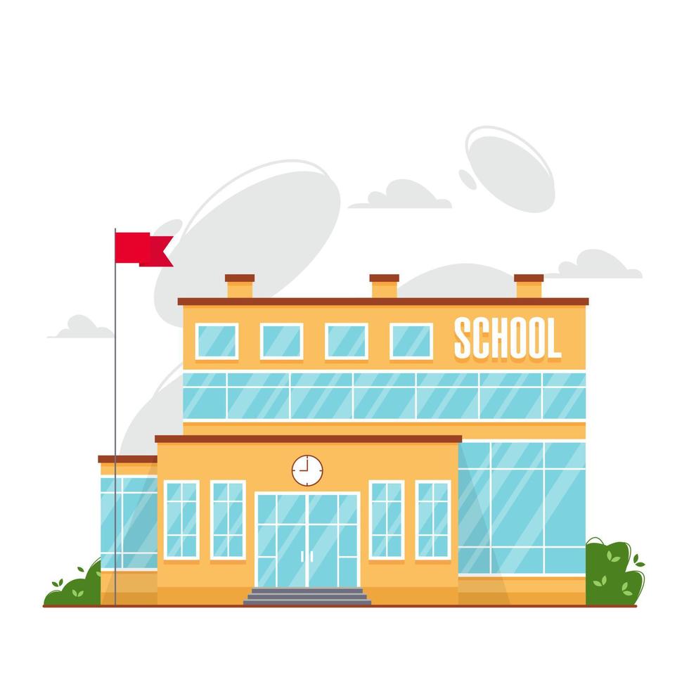 Modern school building front side or facade design concept. Vector illustration in flat style of school institution with inscription school and a clock on the facade, flag pole and waving red flag.