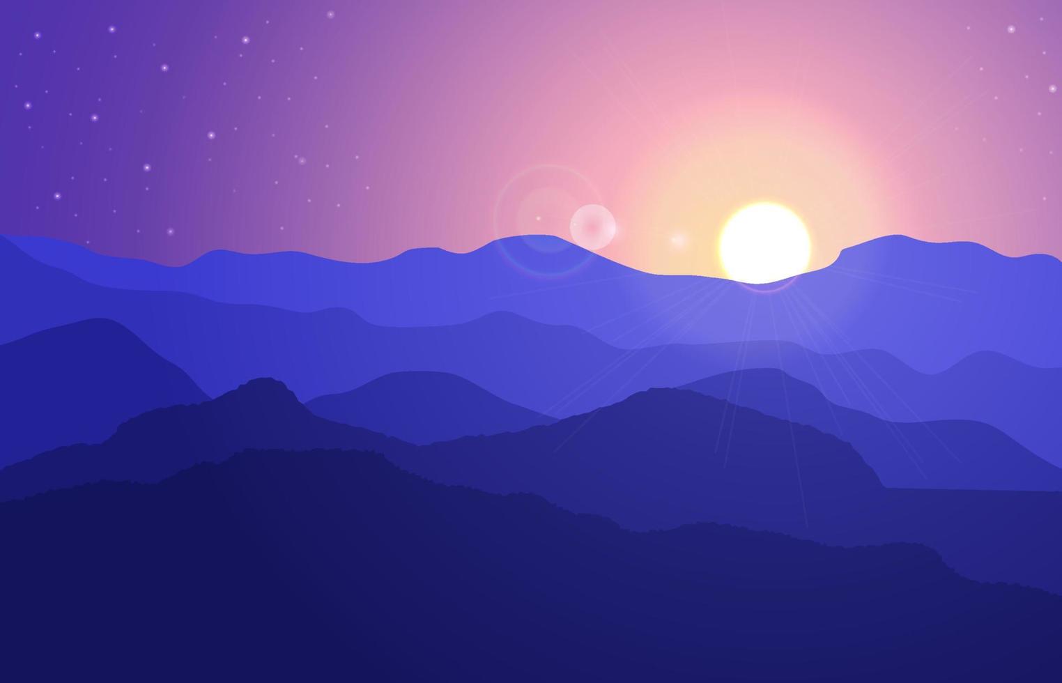 View of the mountain landscape with hills under a purple sky with sun and stars. Vector illustration.