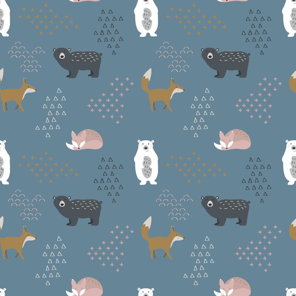 Cute scandinavian animals, seamless pattern on dark blue background. Fox, brown and white bear cartoon background. Design for fabric, textile, decor. Vector illustration for winter holidays.