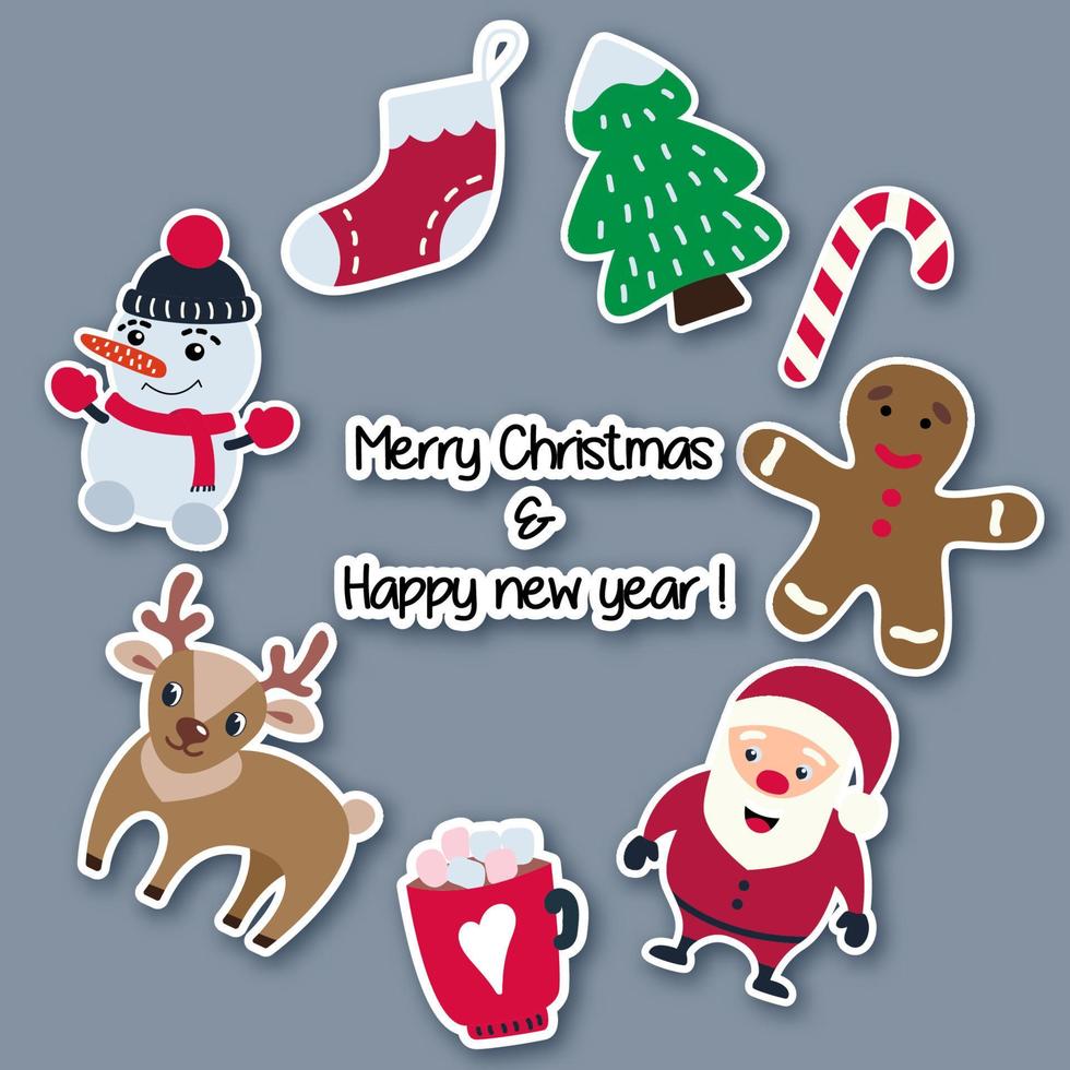 Christmas and New Year stickers made of paper with a shadow, arranged in a circle. Santa Claus, drink, deer, snowman, sock, herringbone, lollipop, carrot. Vector illustration.