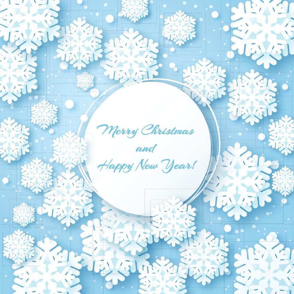 Christmas card with paper snow flake. Origami Christmas Greetings card. Winter snowflakes background and circle frame. Happy New Year. vector