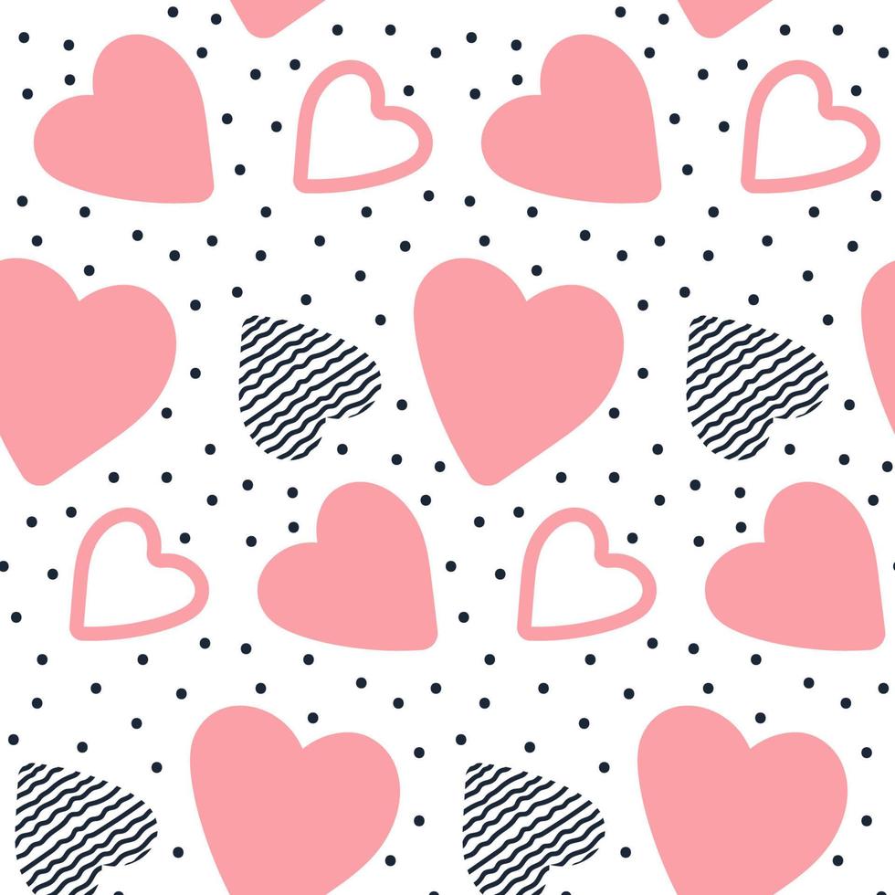 Vector seamless pattern with hand drawn hearts. Sweet hearts. Heart with doodle ornament and dots. Background for St. Valentine's Day. Vector illustration.