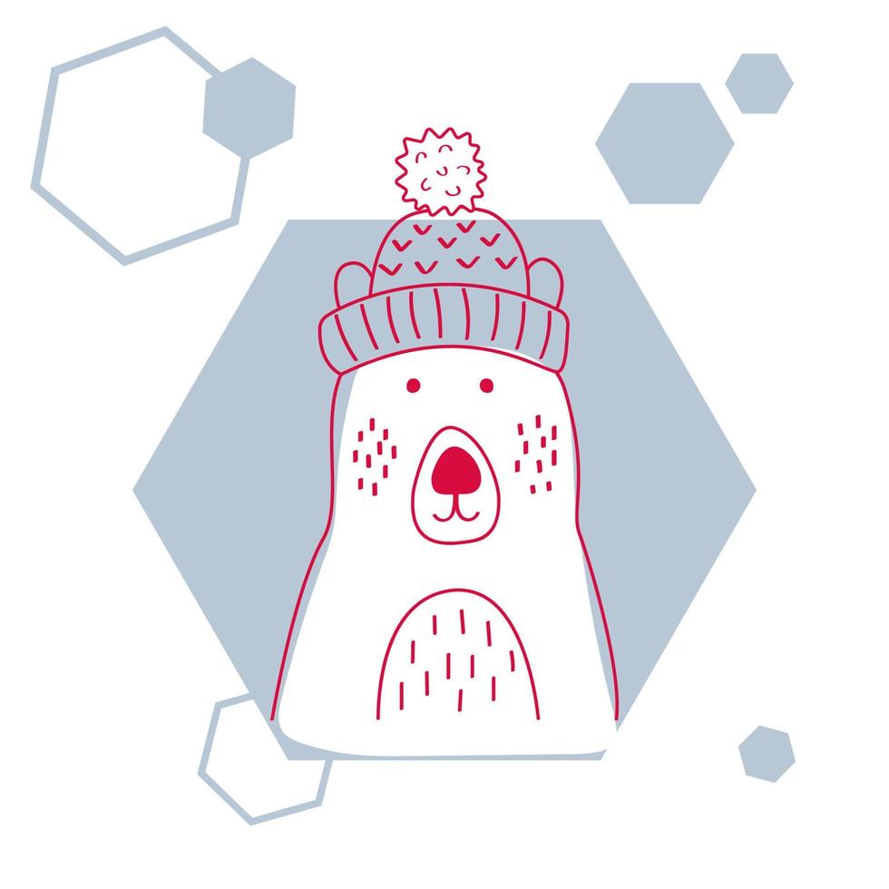 Holiday and christmas illustration of a cute polar bear in hat. Hand draw animal illustration for greeting card or poster. vector