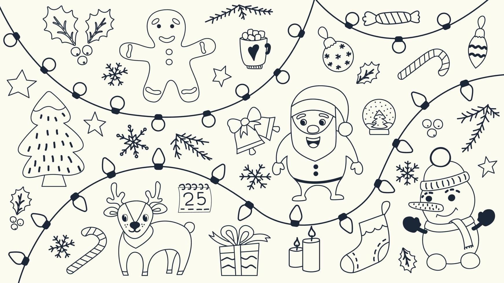 Christmas set of hand drawn doodles. Vector illustration with accessories as christmas, decoration, santa and more.