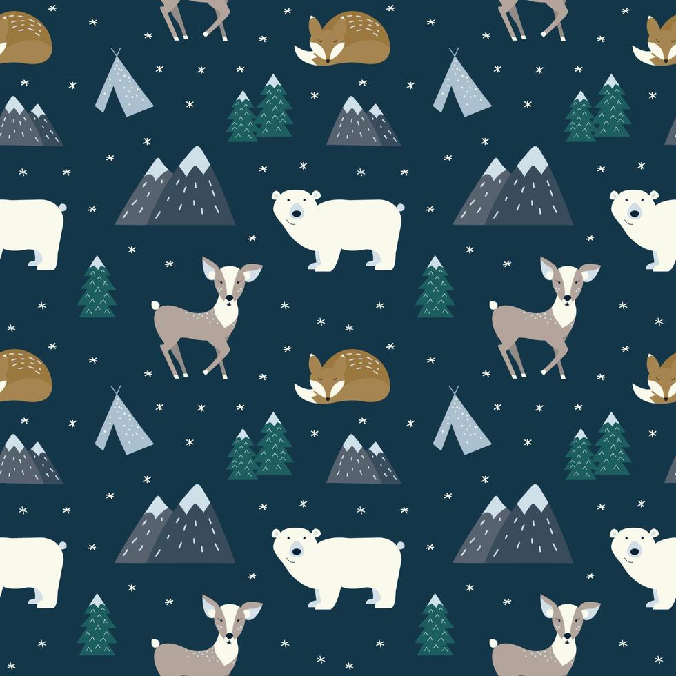 Hand drawn scandinavian animals in the forest, seamless pattern. Scandinavian style traditional motifs. Vector illustration.