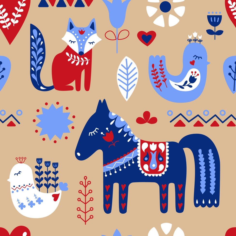 Scandinavian seamless folk art pattern. Nordic style. Scandinavian animals. Vector illustration.